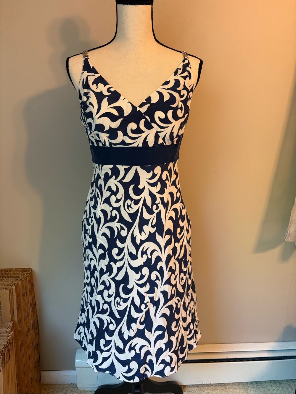 Ann Taylor 100% Silk Navy and White V-Neck Spaghetti Strap Dress | Women's 6P